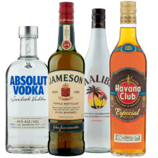Malibu, Absolut vodka, Havana Club especial of Jameson Irish whiskey